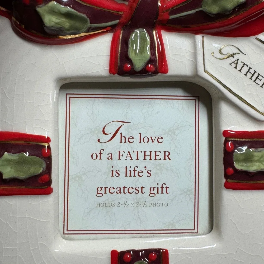 Grasslands Road Father Ceramic Christmas Ornament Picture Frame Red Bow Holly